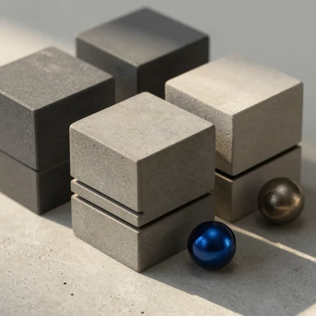 Matte cubes and steel spheres on pale concrete in a premium macro still life.
