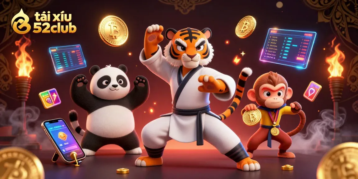 Engage with the thrilling gameplay of tài xỉu b52club in a vibrant 3D illustration featuring cartoon characters.