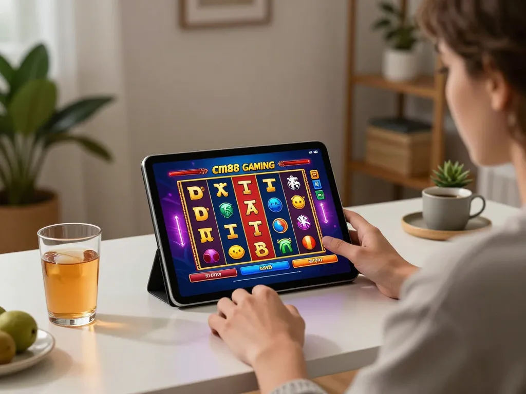 Engaged user exploring cm88 online casino slot games on a tablet in a cozy home setting.