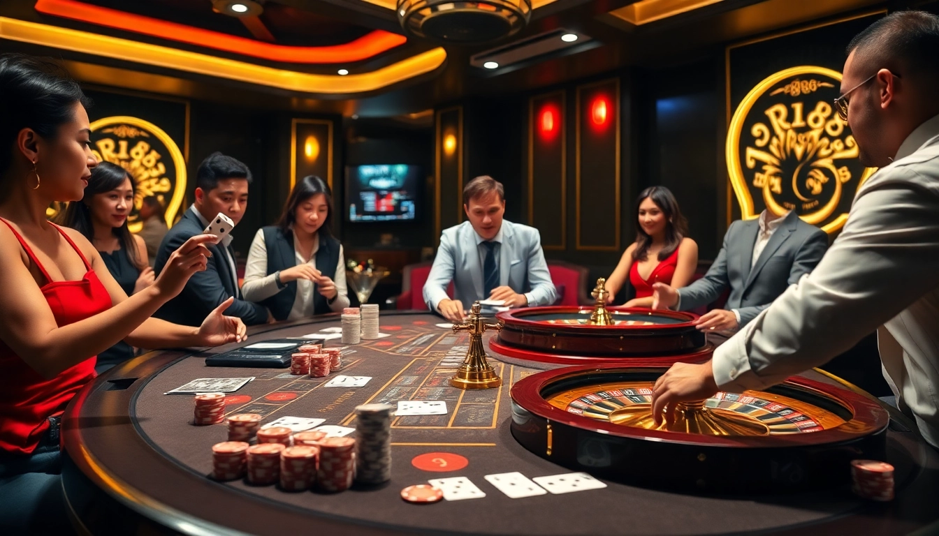 Players enjoying an RR88-themed casino experience with vibrant gaming elements at the table.