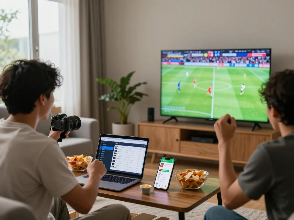 Excited fans enjoying a football match via LuongSon TV on a large screen in their cozy living room.