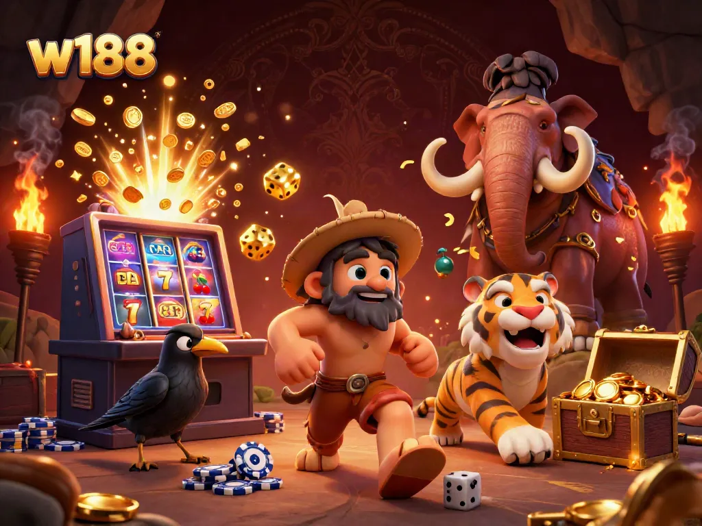 Experience thrilling casino action with w188 in a vibrant 3D illustration of characters and gaming elements.