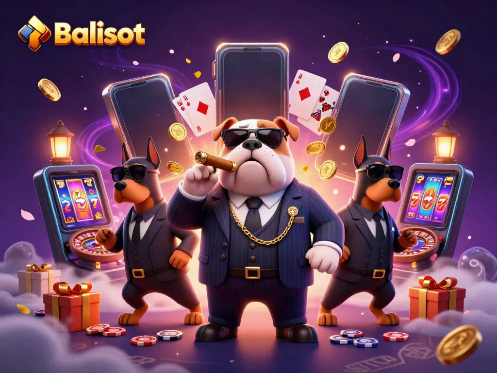 Balislot scene featuring a mafia bulldog and Doberman bodyguards engaging with colorful slot games and rich atmosphere.