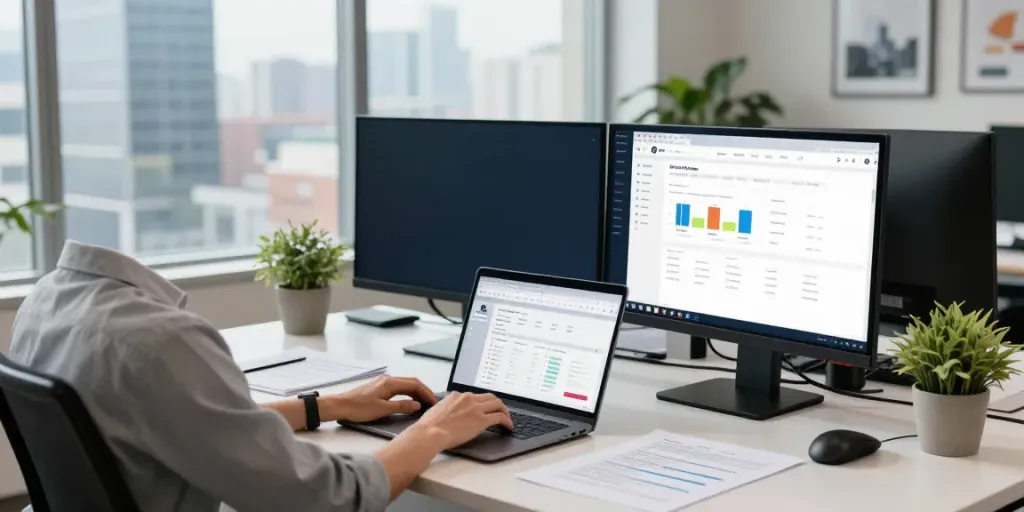 Instant indexing strategies in a modern office setting with analytics on screens.