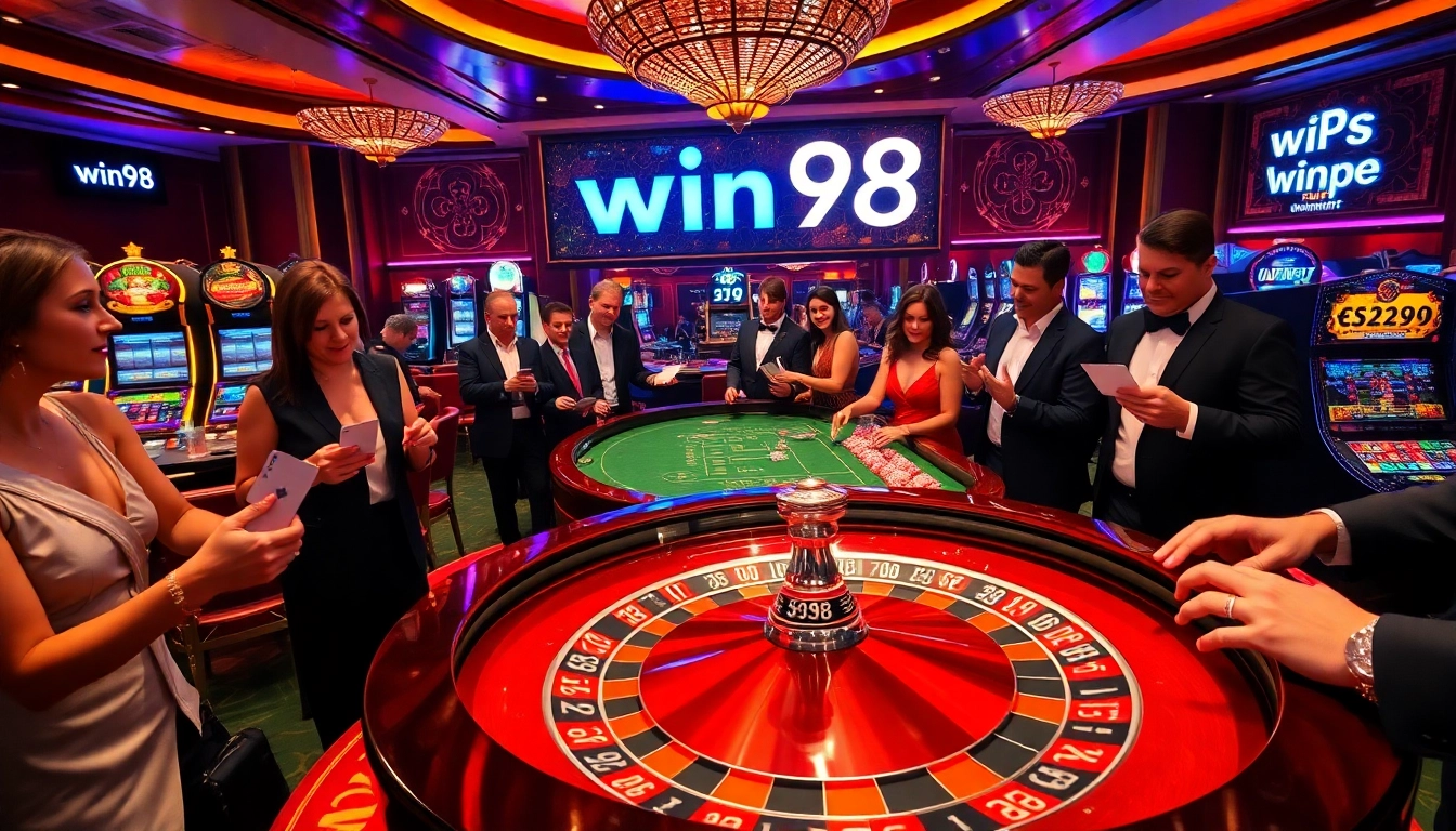 Experience exciting wins at win98 casino tables with poker chips and roulette wheels.