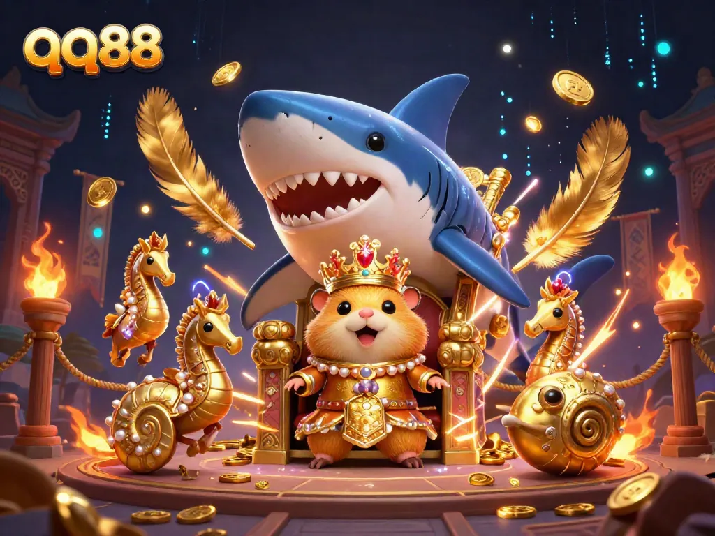 Explore the vibrant gaming world of qq88 with a golden hamster king in a dynamic casino scene.