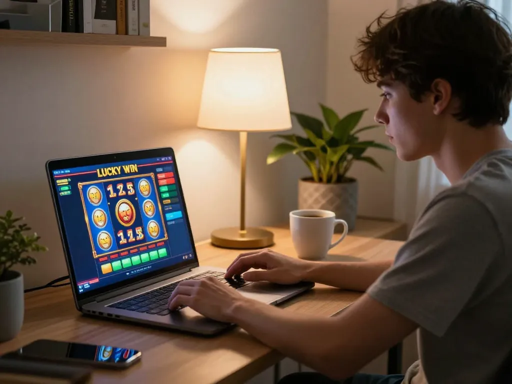 Engaging player enjoying LUCKY WIN online casino gaming with vibrant visual display