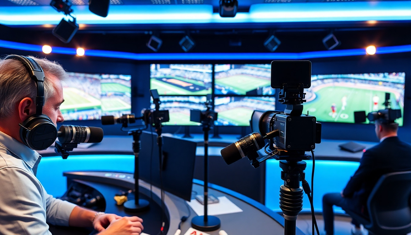 Engaging scene of sports broadcasting with professionals discussing key game highlights.
