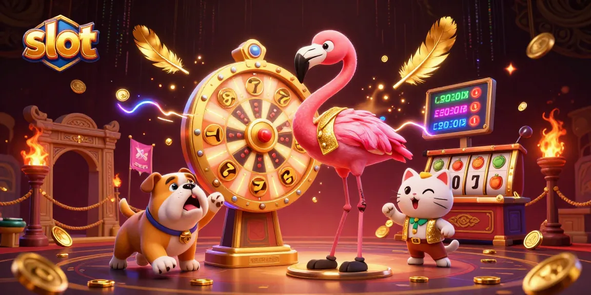 Experience the thrill of slot games with an animated flamingo and bulldog in this vibrant illustration.