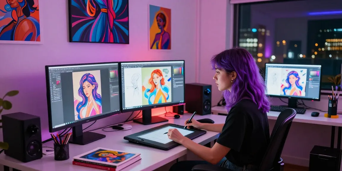 Creating vibrant NSFW AI artwork in a modern studio with digital tools and colorful displays.