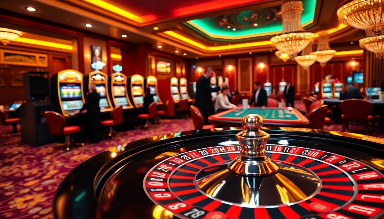Engaged players enjoying 789P gaming at a luxurious casino with roulette and slots.