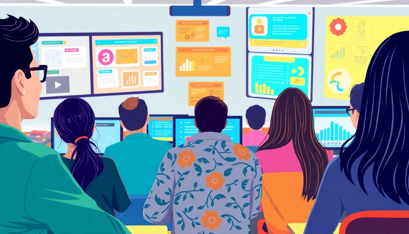 E-learning gamification scene with diverse learners engaged in interactive digital classroom activities.