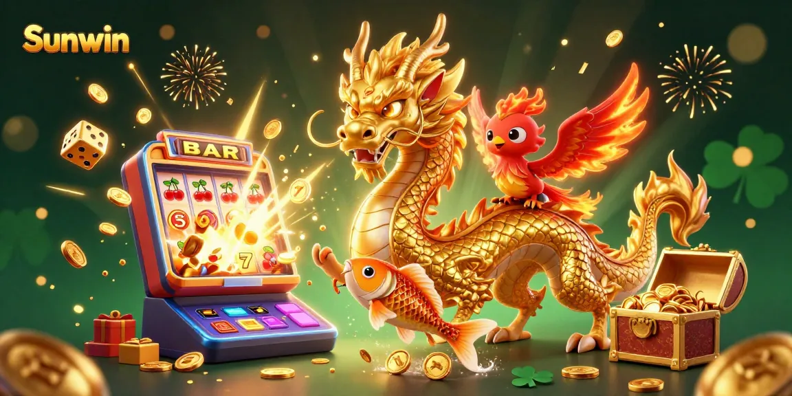 Experience thrilling gameplay with Sunwin's vibrant 3D illustration showcasing a dragon, phoenix, and koi fish.