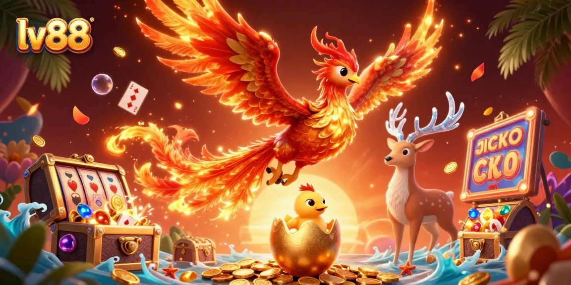 Engage with lv88's vibrant slot games as the fire phoenix and its chick soar above dazzling treasures.