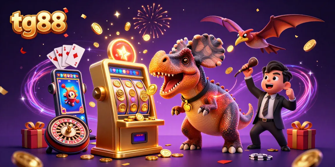 tg88 players enjoy jackpot wins with a dino celebrating over golden coins in a casino