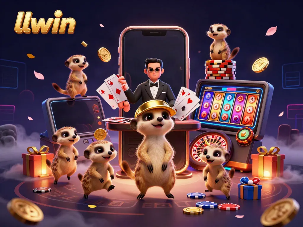 Engaging meerkats from llwin manage a lively casino scene with colorful games and dynamic elements.