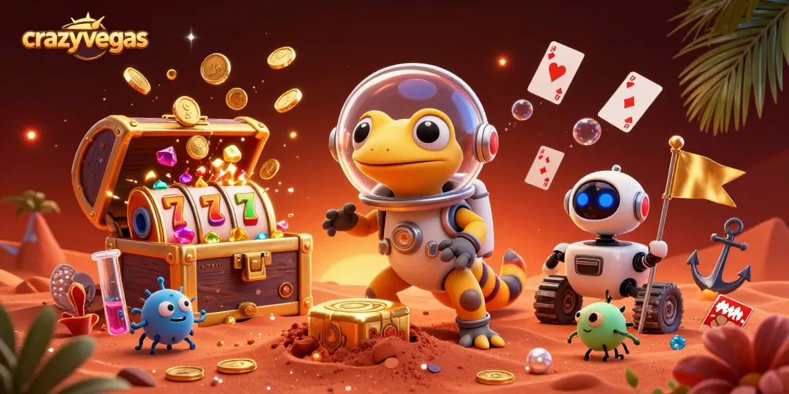 Experience immersive fun at crazyvegas with a Martian gecko celebrating wins in a vivid casino scene.