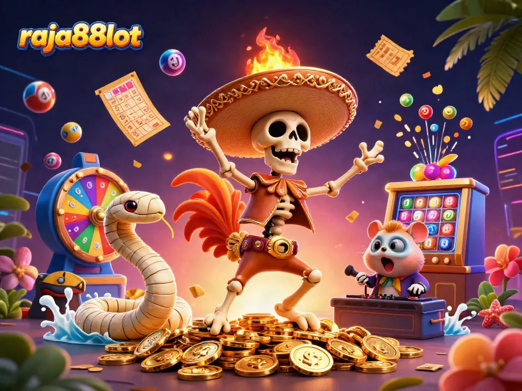 Win big at raja88slot with vibrant characters and casino-themed elements celebrating gaming excitement.