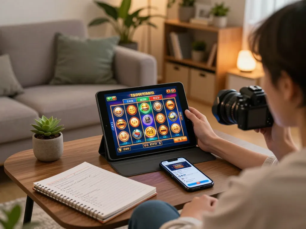 Kwin player engaged in online slot gaming on tablet, focusing on betting strategies in a cozy home setting.