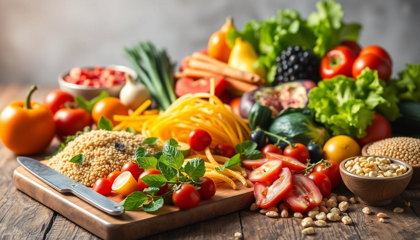 Present a vibrant array of Healthy Food including fruits, vegetables, and grains, showcasing nutrition and vitality.