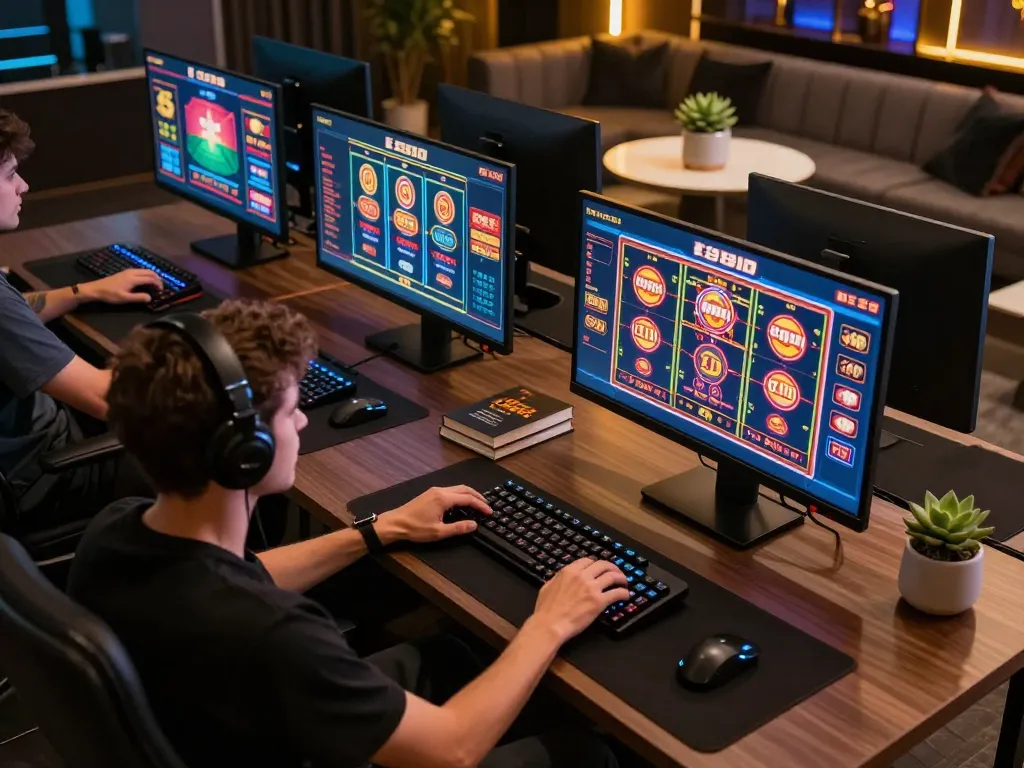 Engaging in strategic gameplay on E2BET’s online casino platform with multiple screens displaying various games.