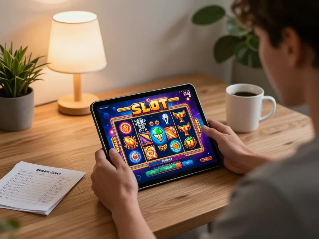 Engaged player enjoying Slot Malaysia game on a tablet in a cozy home setting.