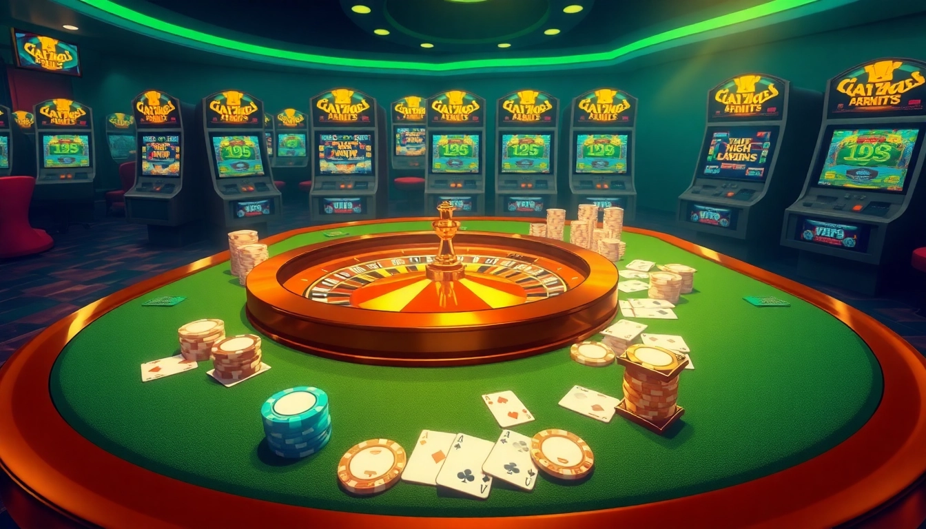 Experience the thrill of gambling at king88 with an elegant casino scene featuring a roulette table and vibrant slot machines.
