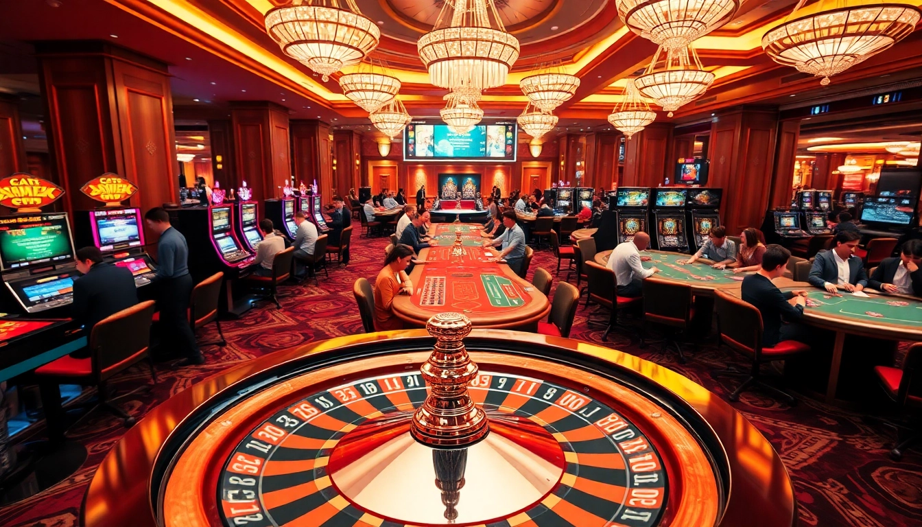 A dynamic casino scene at https://u888hii.com/ featuring roulette, vibrant players, and luxurious decor.