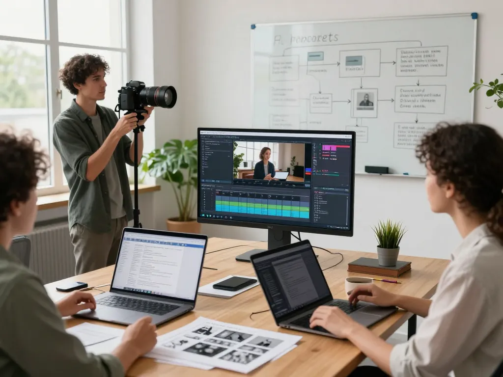 Collaborative video production workspace showcasing diverse creators using video to prompt ai technology for detailed prompt generation.