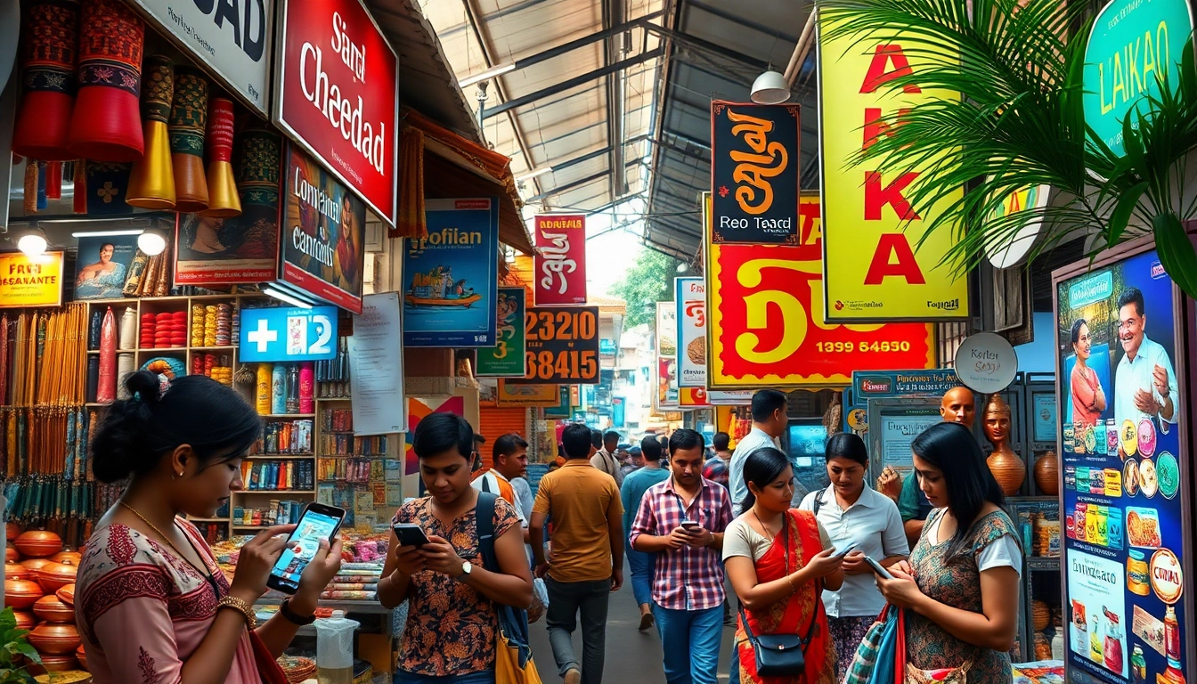 Lanka Ad showcasing vibrant marketplace scene with colorful advertisements and engaged locals.
