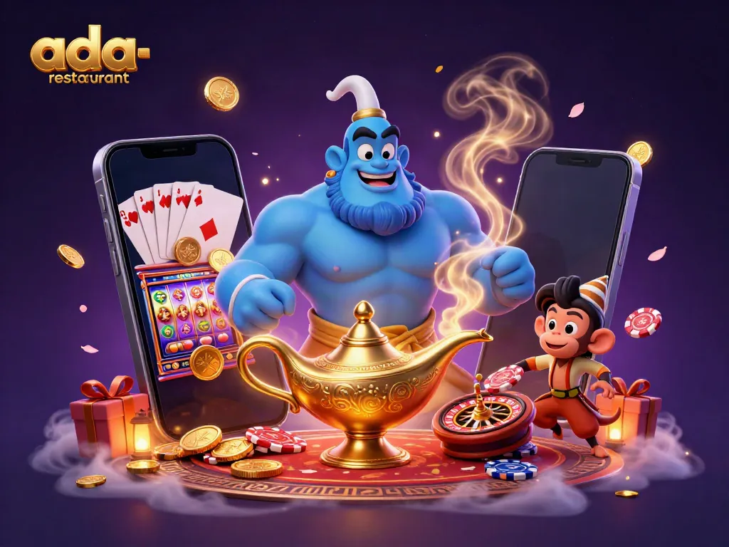 Engaging 3D illustration of ada-restaurant with a genie, poker chips, and slot games in vibrant colors.
