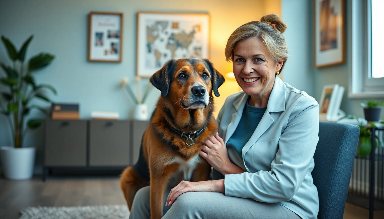 Psychologist with a dog Sydney providing comforting therapy in a welcoming office space.