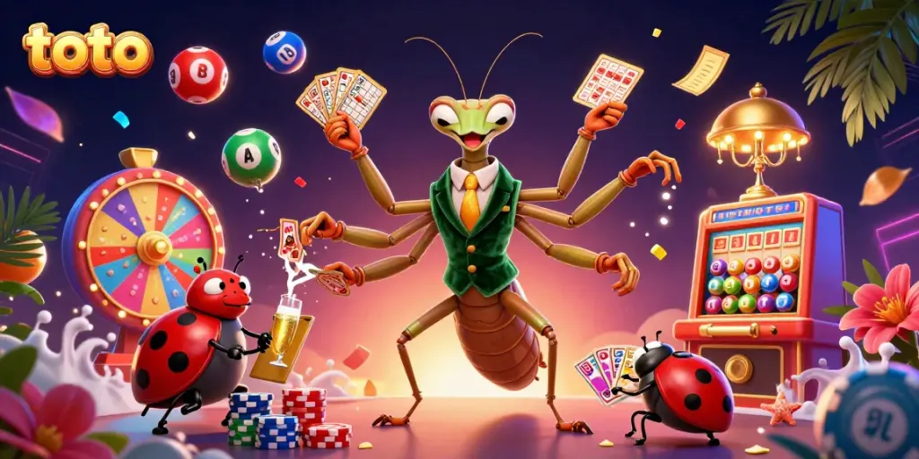 Engage in a thrilling toto casino scene with vibrant lottery balls, elaborate characters, and exciting game elements.