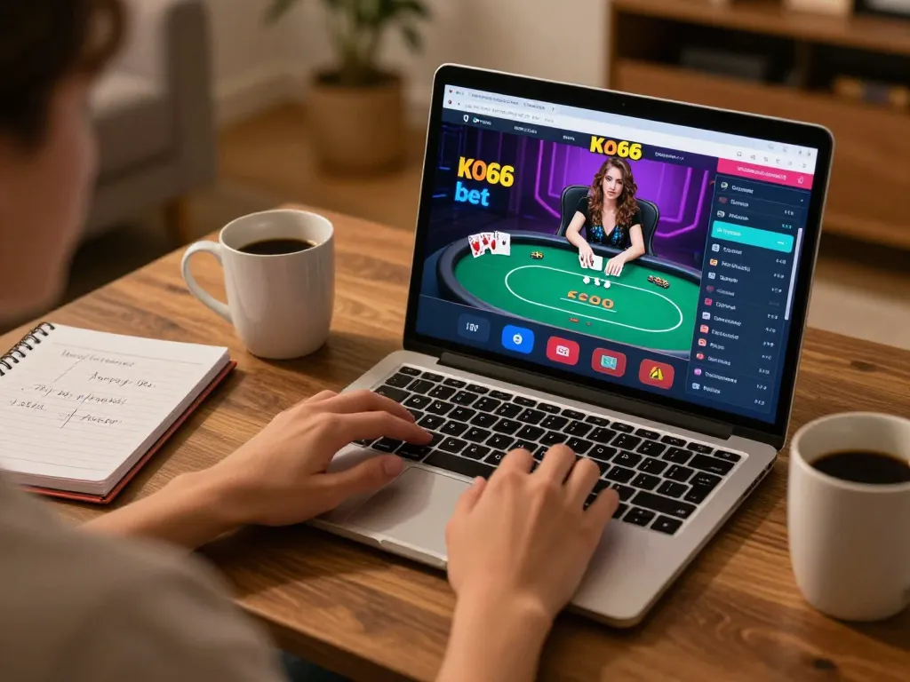 Engaged player enjoying KO66 bet online poker experience on laptop with strategic notes.