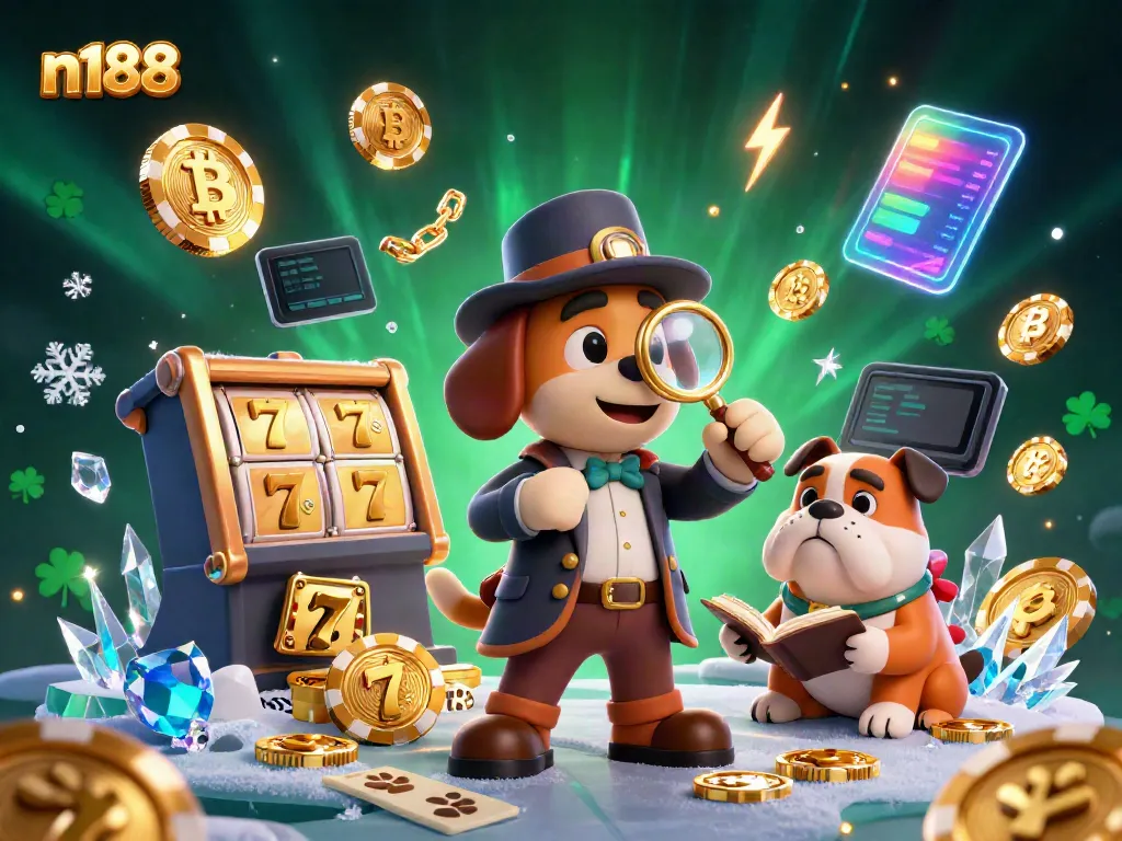 Win jackpots at n188 with a playful detective and loyal bulldog exploring clues amidst vibrant casino elements.