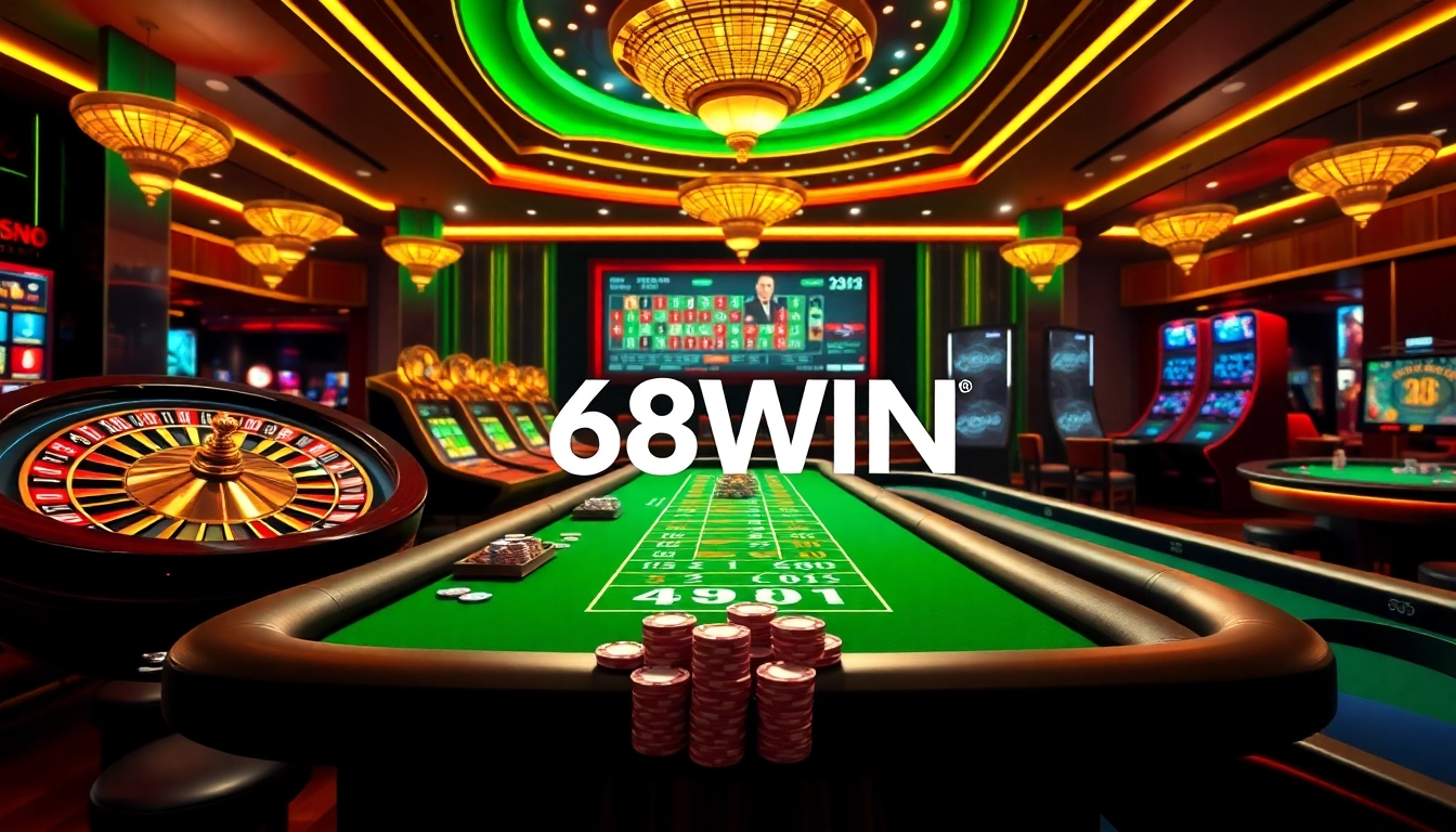 Engaging gaming scene representing nhà cái 68WIN with roulette and poker elements
