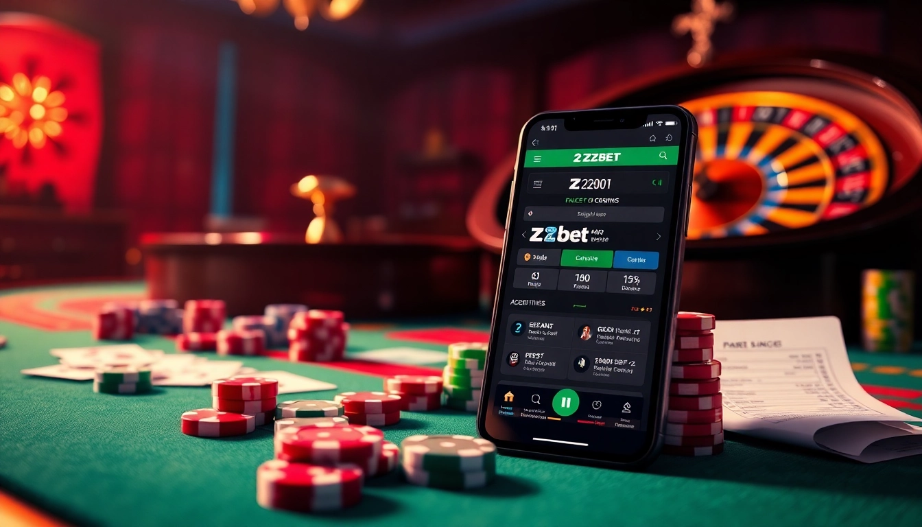Experience the excitement of betting using the Zbet app on a sleek smartphone amidst a lively casino backdrop.