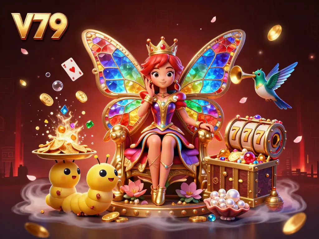 Play interactive games and win prizes with V79, featuring a vibrant casino illustration.