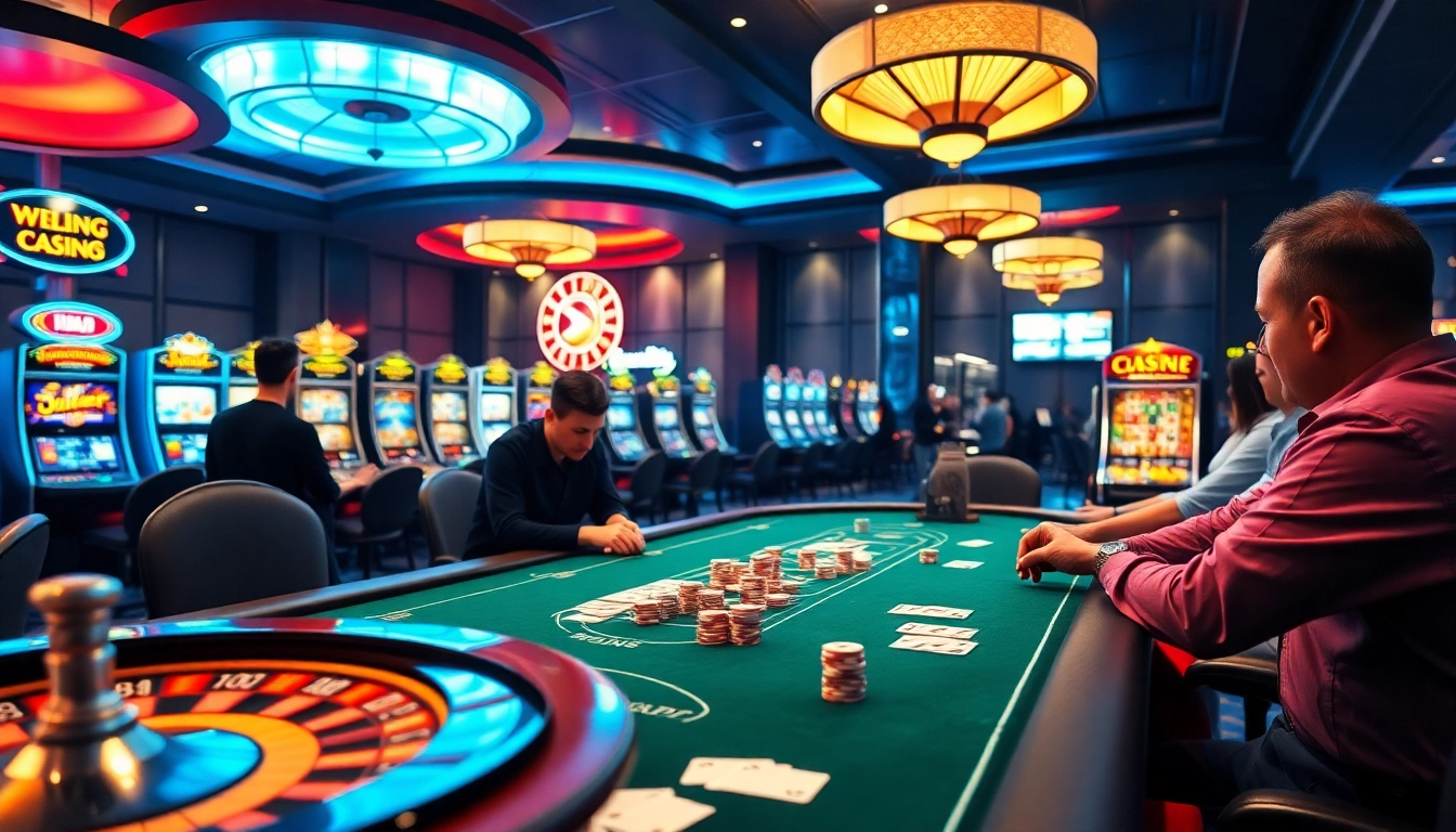 Engage with sumvip com gaming on a vibrant casino floor featuring poker, roulette, and slot machines.