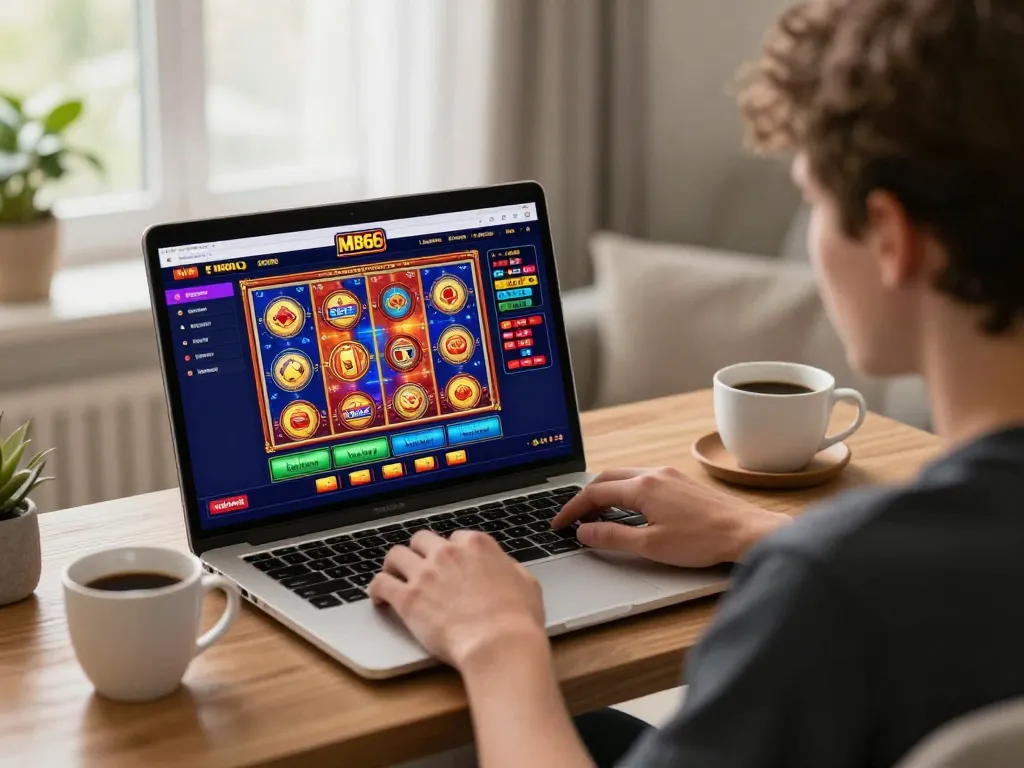 Engaging online gaming scene at MB66 casino, showcasing a player's dynamic experience with vivid slot displays.