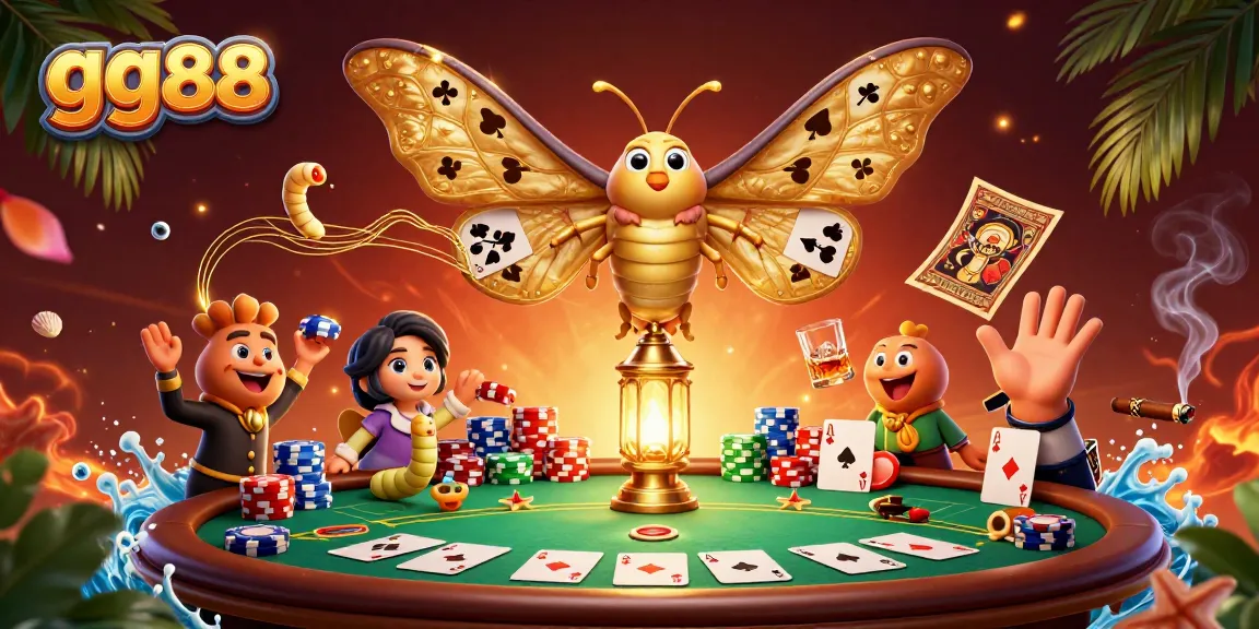 Engage with gg88's exciting poker scenes featuring ornate moths and vibrant casino elements.