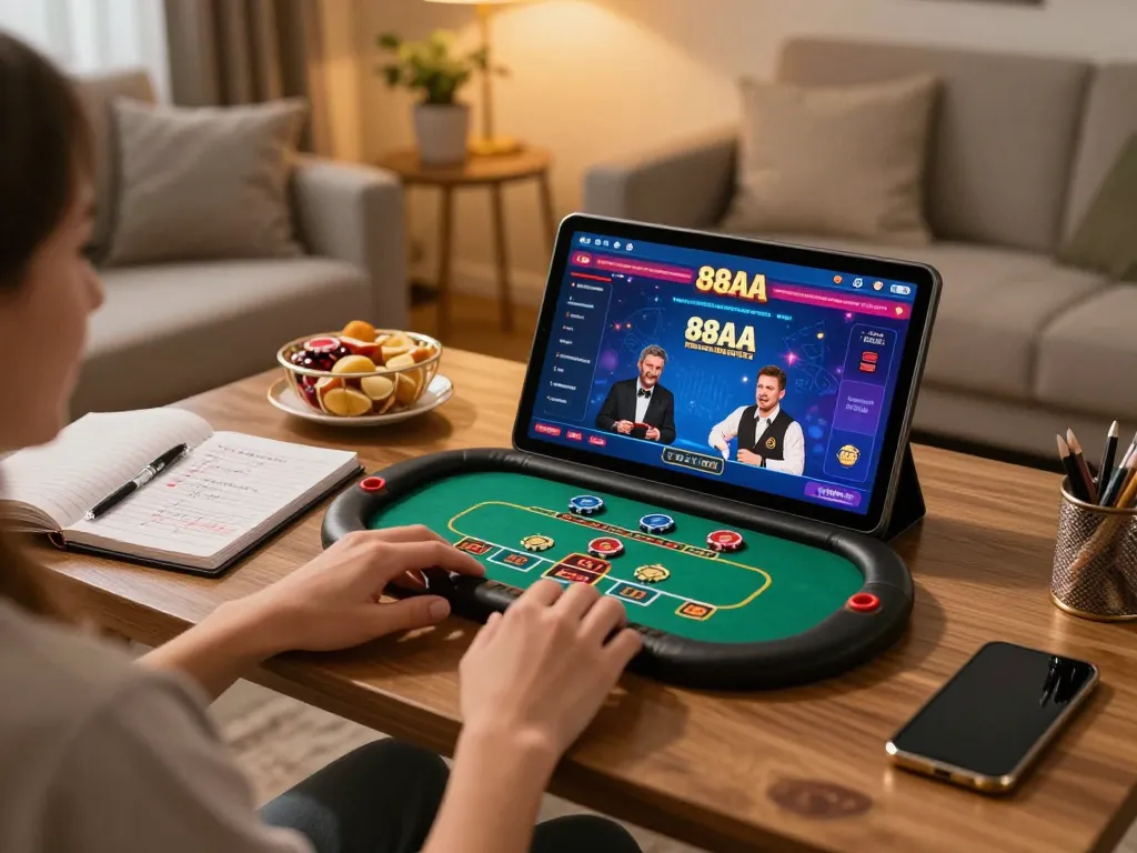 Engaging in online gaming at 88AA, capturing thrilling moments on a tablet showcasing live dealer action.