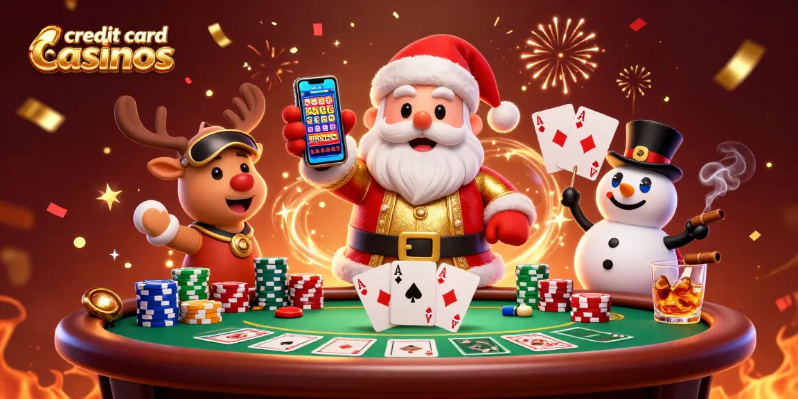 See Santa Claus at credit card casinos enjoying slots with vibrant casino elements around.