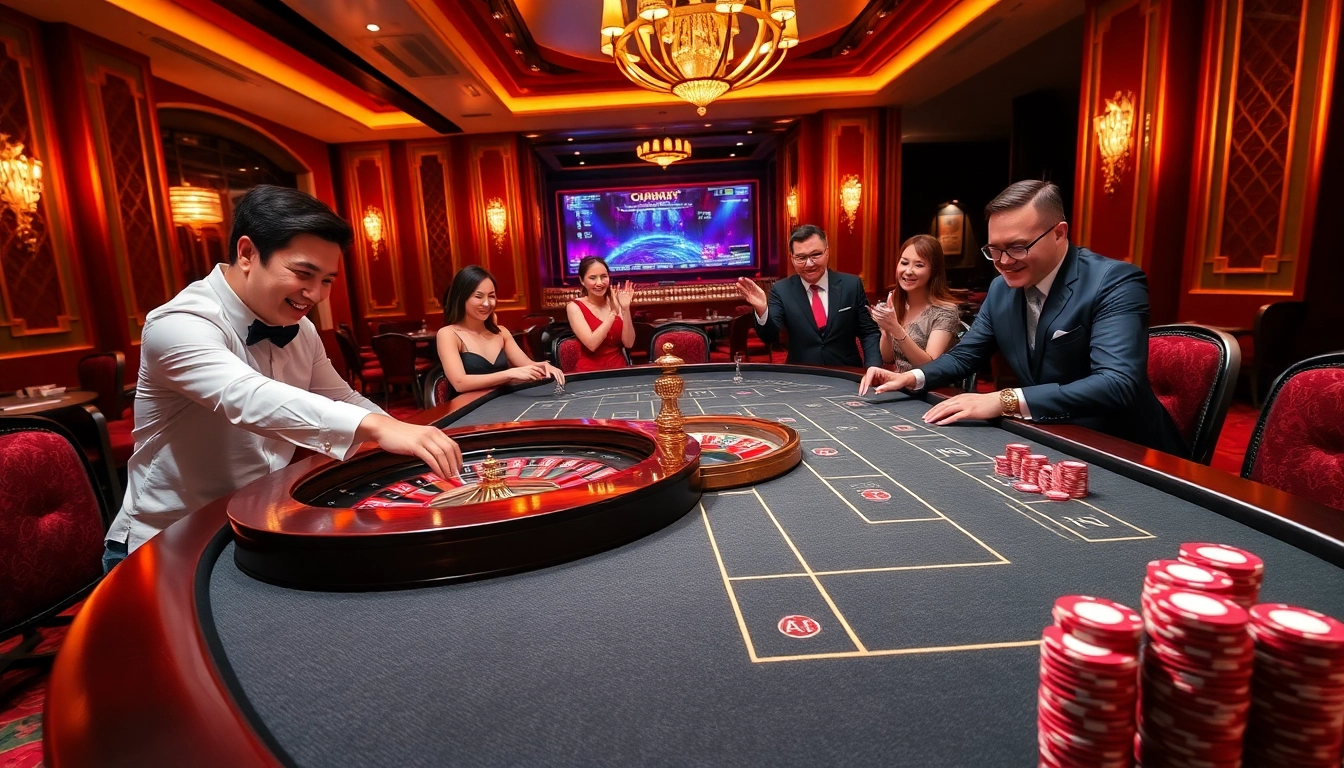 Excited players enjoying rr88 casino games with vibrant poker chips and roulette wheel.