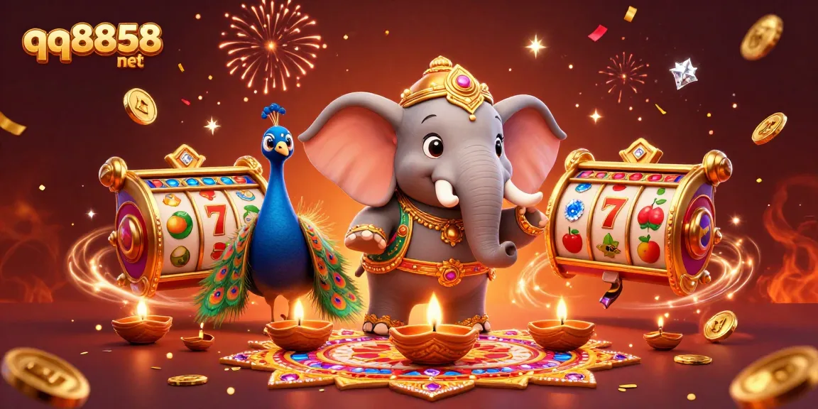 Join the excitement of gaming with qq8858 net, showcasing vibrant slot machines and festive characters.