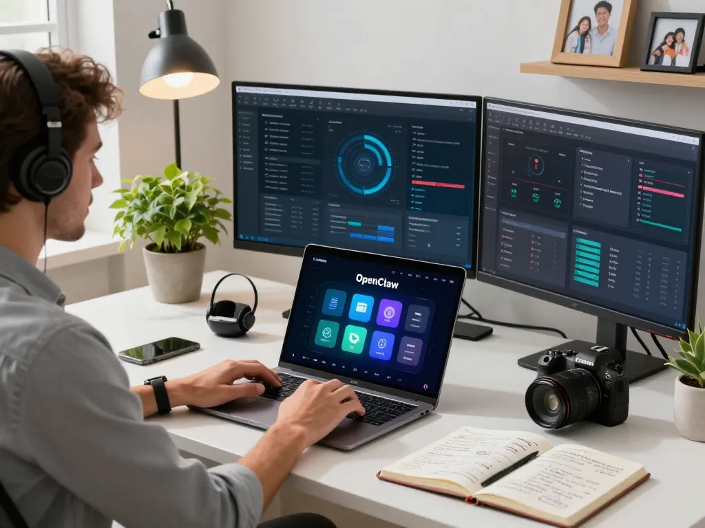 Open claw AI assistant setup with multiple monitors displaying performance analytics and messaging app icons.
