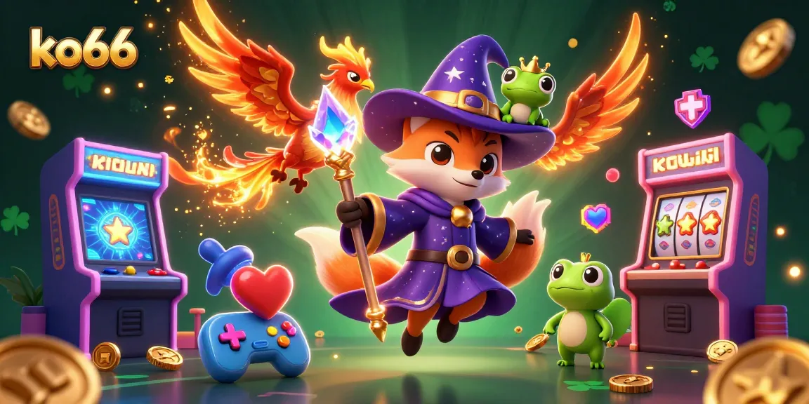 Engage with KO66 in a vibrant 3D casino scene featuring wizard, phoenix, and game elements.