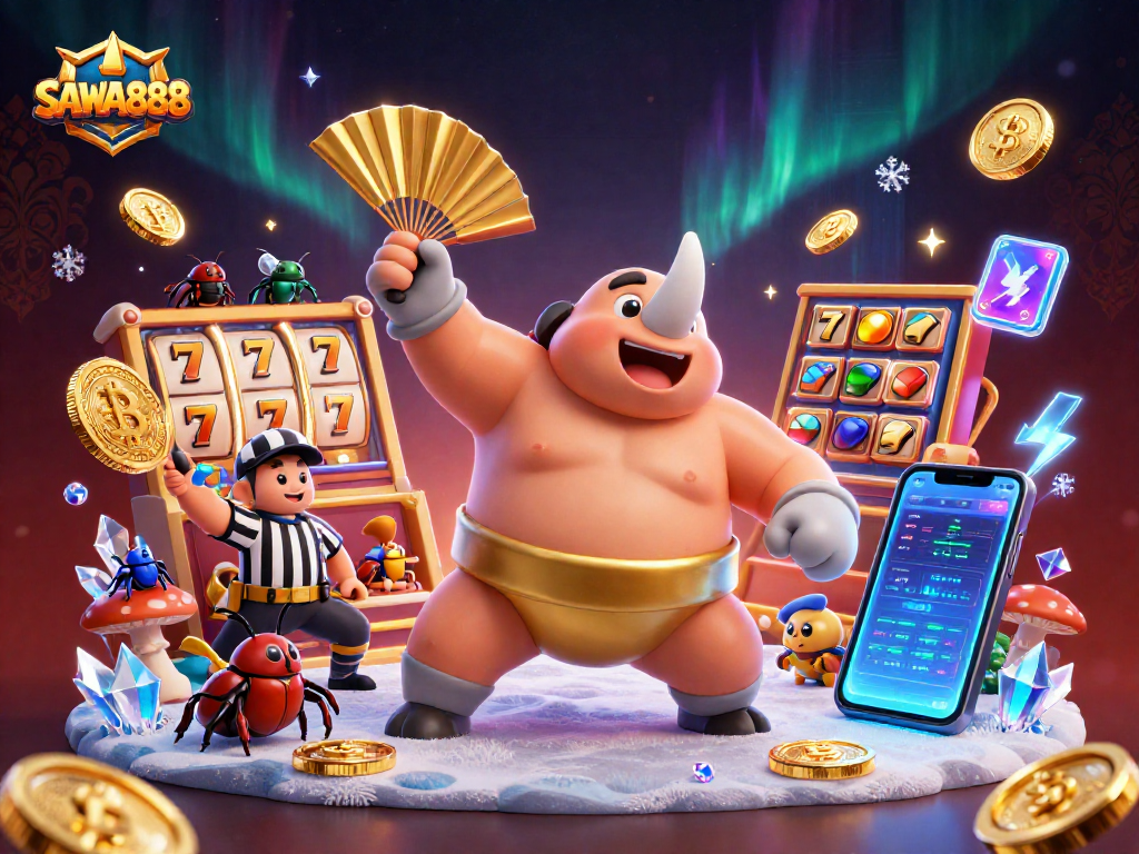 SAWA888 casino scene featuring a rhinoceros beetle in a mawashi belt surrounded by vibrant slot elements and cryptocurrencies