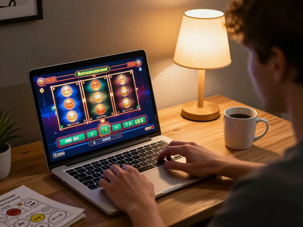 Engaging in bem88 online casino games at home with vibrant slot graphics.