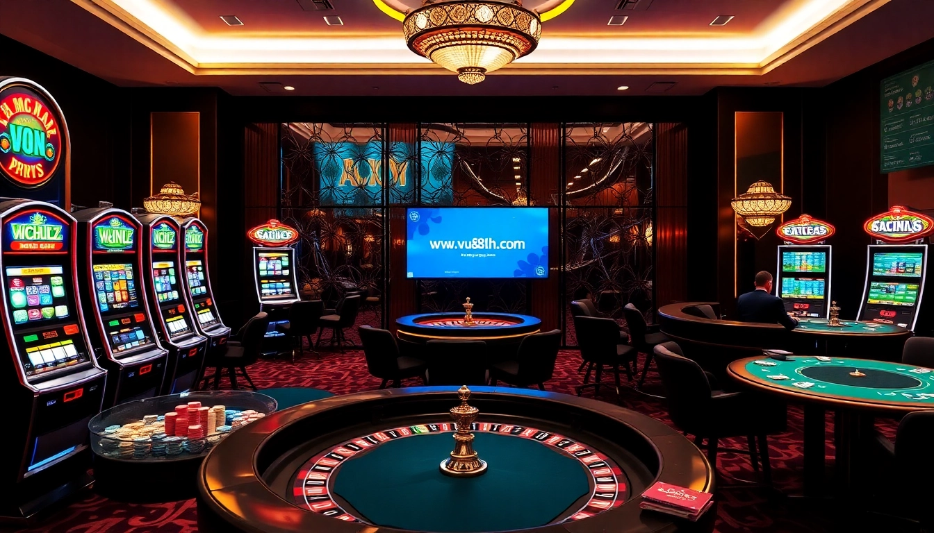 Players enjoying high-stakes gambling at a luxurious casino table from https://vua88h.com/ with vibrant slot machines.